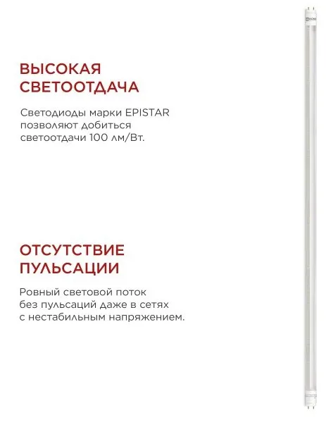 Лампа LED G13 T8 6500К 20Вт 1620Лм 1200мм прозрачная IN HOME