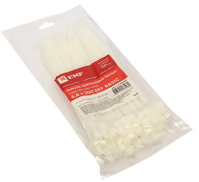 Хомут 4,8*200 белый нейлон (100 шт.) Basic (EKF), уп