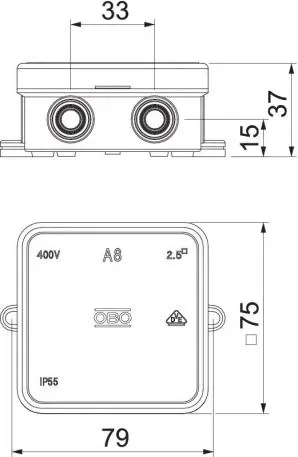 Коробка распред. о/п 75х75х36 IP55 СЕРАЯ с колодкой А6 OBO Bettermann (10)
