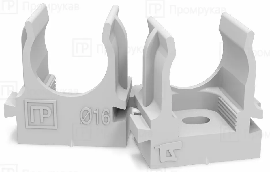 Крепеж-клипса для труб 16 мм СЕРАЯ прямой монтаж Промрукав (100шт)