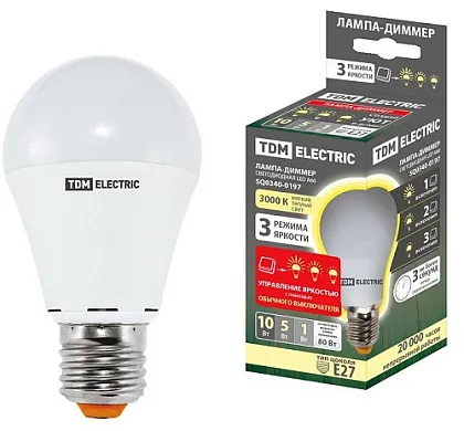 Лампа LED A60 E27 3000К 10Вт 800Лм DIMMER (STEP) TDM
