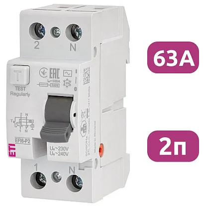 УЗО EFI6-P2 63/2/0.03 30мА, тип АС, 6кА ETI