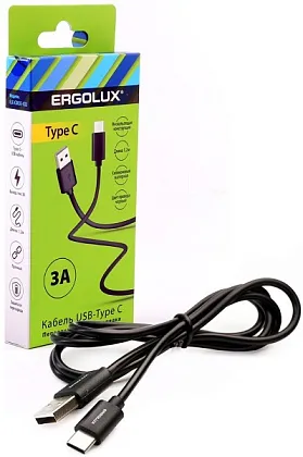 Дата-кабель ERGOLUX USB-Type C, 3А, черный, 1,2м, Зарядка+Передача данных, Коробка)