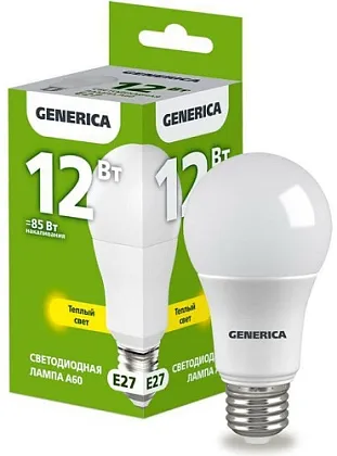 Лампа LED A60 E27 3000К 12Вт 1200Lm GENERICA