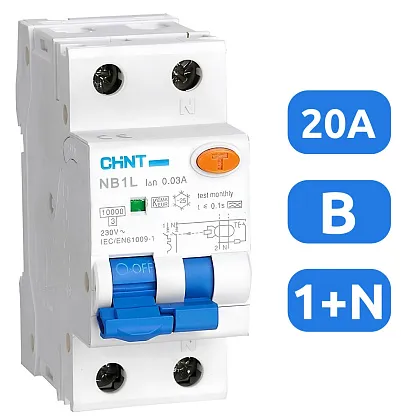 АВДТ NB1L B20/1+N 30мА, тип АС, 10кА CHINT