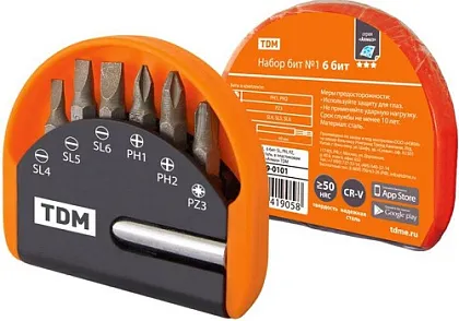 Набор бит №1,  6 бит: SL, PH, PZ, удлинитель CR-V сталь, в пластиковом держателе, «Алмаз» TDM