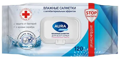 Салфетки влажные (120шт, антибактериальные, крышка-клапан) AURA F