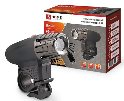 Фонарь велосипедный аккумуляторный BL 03А 3W LED 300Lm  4 режима с з/у 220В ЧЕРНЫЙ IN HOME