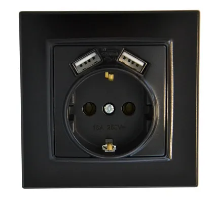 Розетка 1-я с/з с USB (5В, 2.1А) чёрная SD-P1017B "Standard" AWSproducts