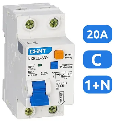 АВДТ NXBLE-63Y C20/1+N 30мА, тип АC, 4,5кА CHINT