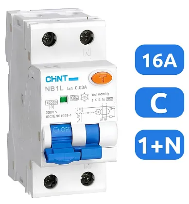 АВДТ NB1L C16/1+N 30мА, тип АC, 10кА CHINT