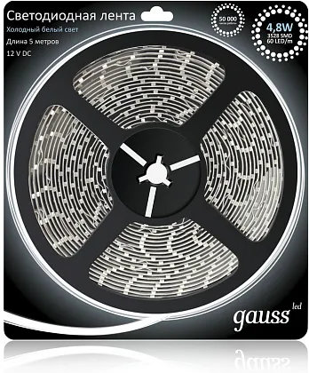 Лента LED 2835/60-SMD 24W 12V DC холодный белый IP20 (блистер 5м) GAUSS