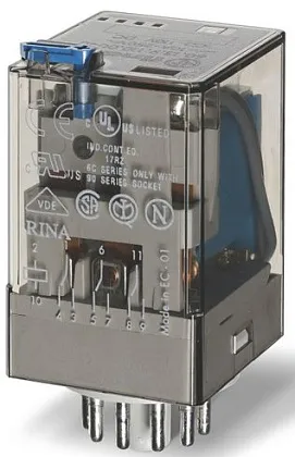 Реле втычные 60.13.8.024.0054; Управвление 24VAC, Контакты AgNi; 3CO 10A; кнопка тест+мех.индикатор 