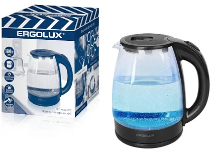 Чайник электрический стеклянный черный ПРОМО 1.8л., 1600 Вт ERGOLUX ELX-KG06-C02 (нерж.сталь, 1.8л, 
