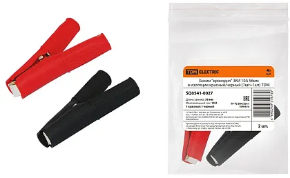 Зажим "крокодил" ЗКИ 10А 56мм в изоляции красный/черный (1шт+1шт) TDM, уп