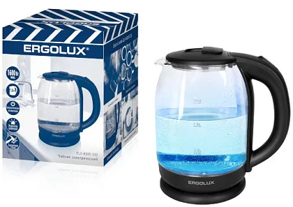 Чайник электрический стеклянный черный ПРОМО 1.8л., 1600 Вт ERGOLUX ELX-KG05-C02 (нерж.сталь, 1.8л, 