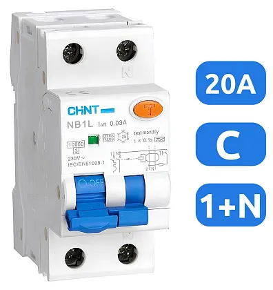 АВДТ NB1L C20/1+N 30мА, тип АC, 10кА CHINT