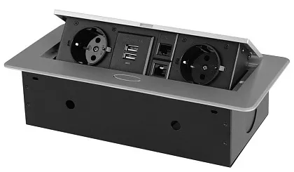 Выдвижная гор. розетка 2 Euro 16A, 2 USB A, 2 RJ45, 5В/2.1А, проводка, Серый RocketSocket