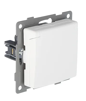 Розетка 1-я с крышкой с/з с шторками белая U1A-012 SoftTouch "Uno" AWSproducts