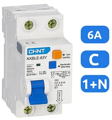 АВДТ NXBLE-63Y C6/1+N 30мА, тип АC, 4,5кА CHINT