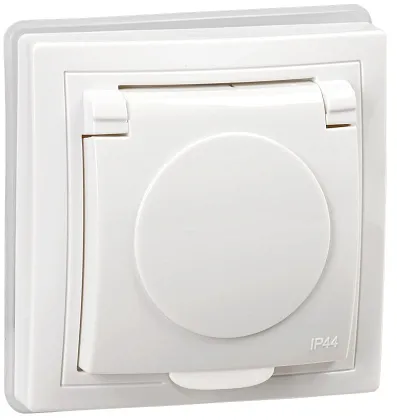 Розетка 1-я c/з со шторками с крышкой IP44 белая Кварта IEK