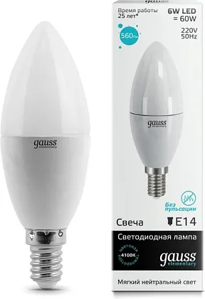 Лампа LED C35 E14 4100К 6Вт 450Лм Elementary Gauss
