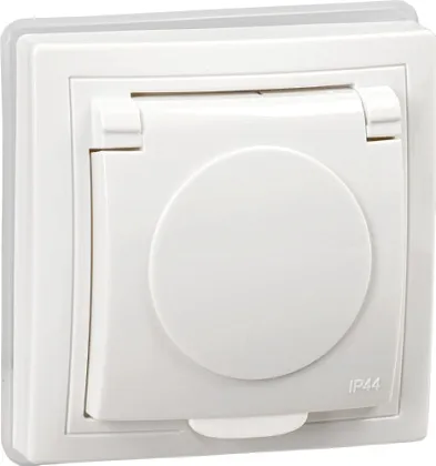 Розетка 1-я c/з со шторками с крышкой IP44 белая Кварта IEK