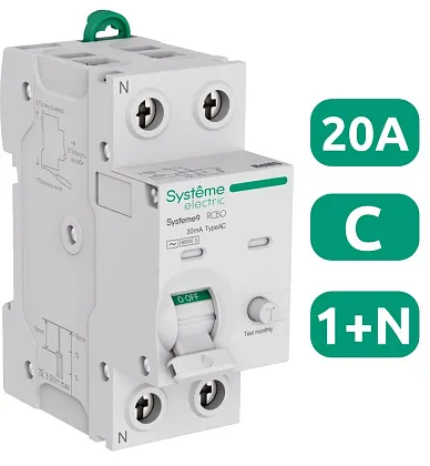 АВДТ Systeme9 C20/1N/003  30мА, тип-AC, 6kA SE