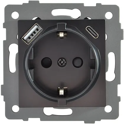 Розетка 1-я с/з с шторками с USB и TYPE C (5В, 2.1А) чёрная A-026B "Aura" AWSproducts