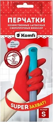 Перчатки хозяйственные латексные СВЕРХПРОЧНЫЕ БИКОЛОР S /белый+ красный/Komfi/144/12, ком