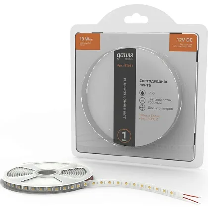 Лента LED 5050 3000K 10Вт/м 60LED/м 12В 700Лм/м 5м IP65 Gauss
