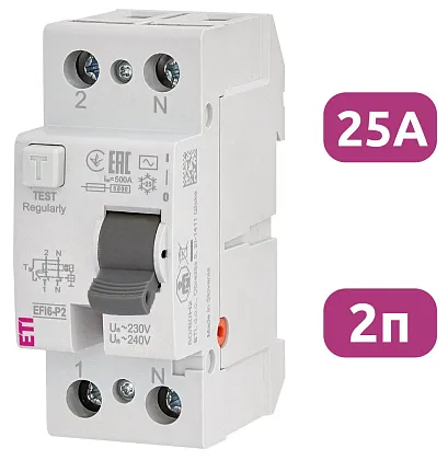 УЗО EFI6-P2 25/2/0.03 30мА, тип АС, 6кА ETI