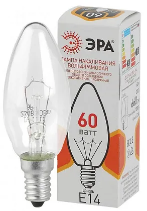 Лампа накаливания B35 Е14 60Вт прозрачная ЭРА