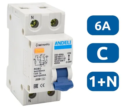 АВДТ DZ59LE-40/63 1P+N 6A 30mA х-ка С 4.5kA Andeli