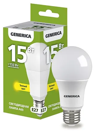 Лампа LED A60 E27 3000К 15Вт 1500Lm GENERICA