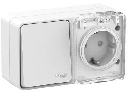 Блок ОУ розетка с/з + выключатель 1-кл. IP54 Белый AtlasDesign SE