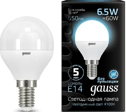 Лампа LED G45 E14 4100K 6.5Вт E14 4100K 550Лм GAUSS