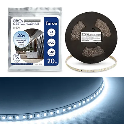 Лента LED 2835 6000К 9,6Вт/м 120LED/м 24В 1056Лм/м 20м FERON