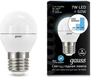 Лампа GAUSS LED DIMMER (STEP) Шар 7W 220V E27 4100K 550Lm