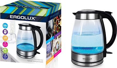 Чайник стеклянный серебристо-черный (1,7л, 160-250В, 1500-2300Вт) ERGOLUX ELX-KG02-C42