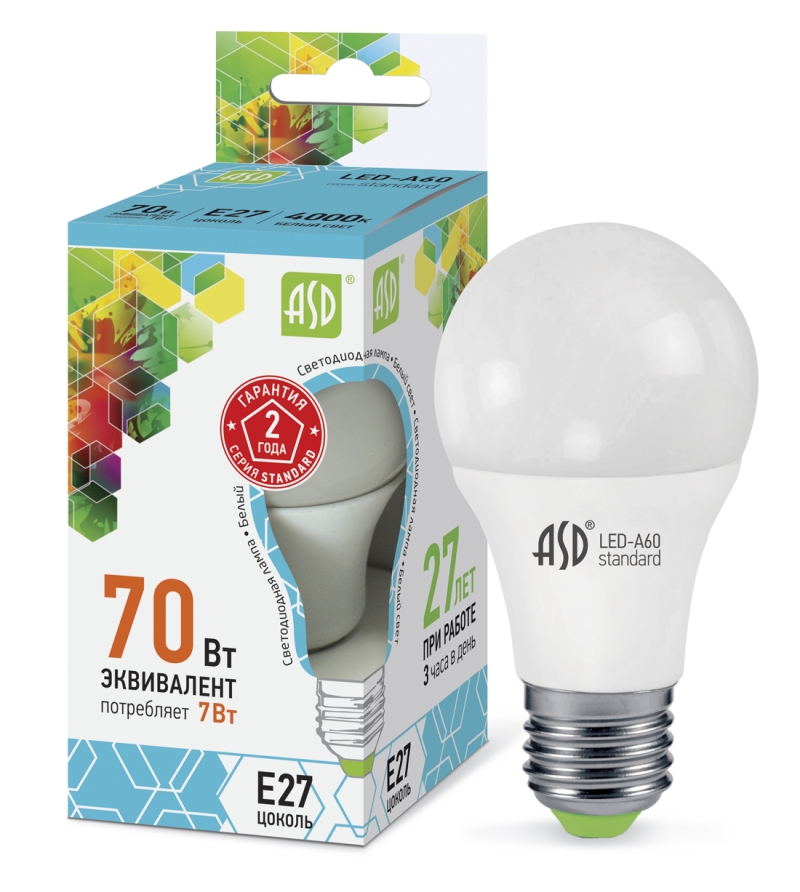 Лампа светодиодная LED-A60-standard  7Вт 220В Е27 4000К 630Лм ASD