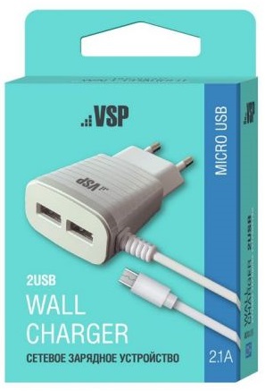 Сетевое зарядное устройство 2USB;2,1А; microUSB; белое Borasco (0105)
