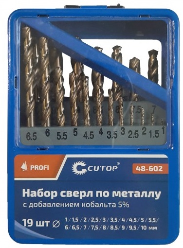 Сверла по металлу набор (с кобальтом 5% в метал. коробке; 1-10 мм шаг 0,5 мм), 19 шт., Cutop Profi