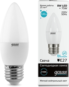 Лампа Gauss Elementary LED Свеча 8W 220V E27 4100K 540Lm