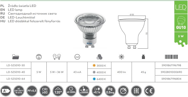 Лампа LED PAR16 GU10 6400K 5W 400lm GTV