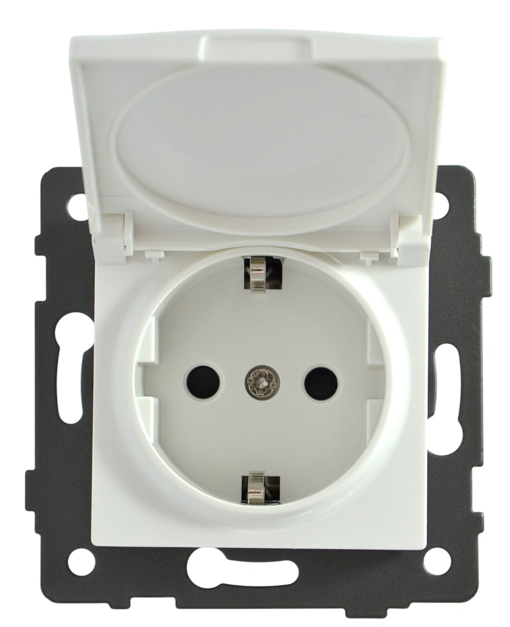 Розетка 1-я с крышкой с/з с шторками белая A-023W "Aura" AWSproducts