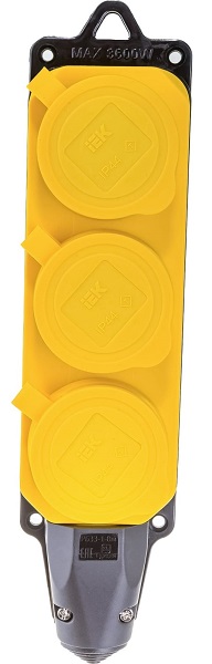 Розетка (колодка) трехместная с защитными крышками ОМЕГА IP44 жёлтая РБ33-1-0м IEK