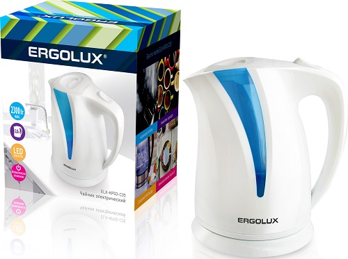 Чайник электрический бело-голубой  2,0 л., 1500-2300Вт ERGOLUX ELX-KP03-C35 (пластиковый, 2.0л, 160-