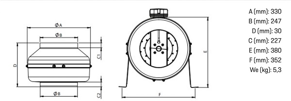 Круглый канальный вентилятор BDTX 250-B (1150м3/ч, 230В, 47дБ, IP44)