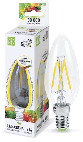 Лампа светодиодная LED-СВЕЧА-PREMIUM 5Вт 220В Е14 3000К 450Лм ASD